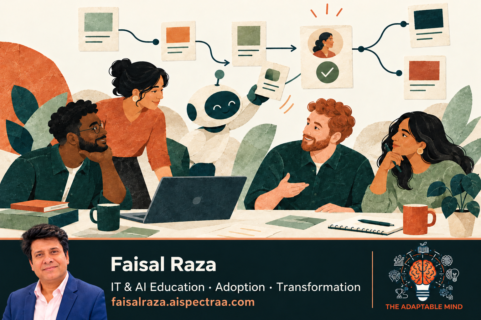 AI-generated illustration of a team learning with an AI assistant, with Faisal Raza portrait, expertise, The Adaptable Mind logo and website branding.