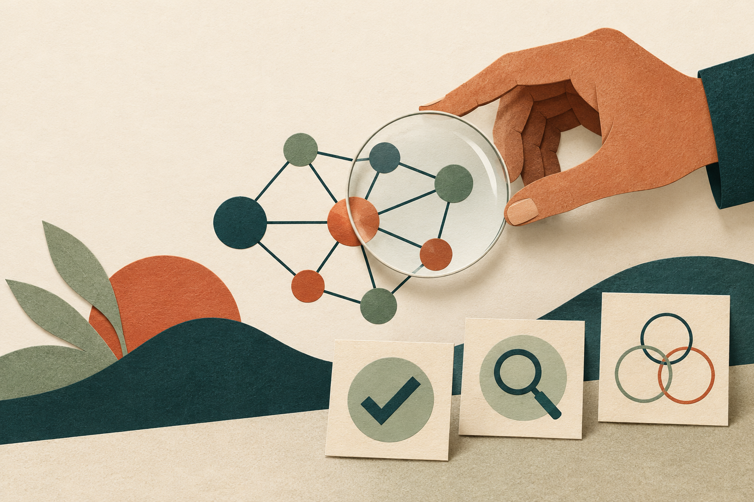 Conceptual paper-collage illustration of human judgment examining an AI network and evidence cards.